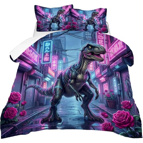 Image of Cyber City Dinosaur Comforter Set Queen Size Neon Rose Dino Bedding Sets for Kids Teens Boys Girls Bedroom Pink Blue T-Rex Animal Quilt 1 Comforter 2 Pillowcases