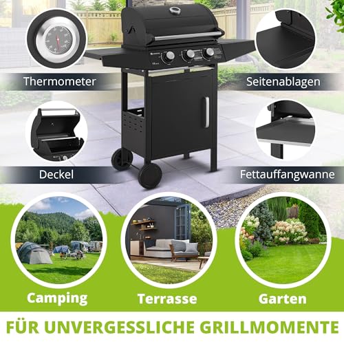 Juskys Gasgrill Louisiana 3 Brenner 8,1 kW – BBQ Grillwagen mit Deckel, Grillrost & Warmhalterost,...