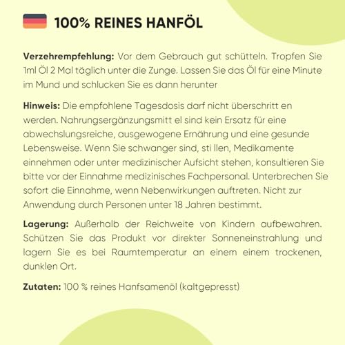 Hanföl Tropfen 60ml - 2000mg reines Hanfsamenöl - Veganes Hanfsamen Öl kaltgepresst - Hemp Oil - Glutenfrei - Von WeightWorld