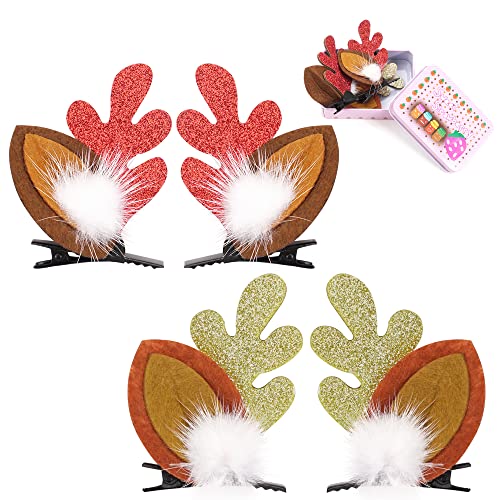Yxiang Christmas Bows for Girls, 2 Pairs Boutique Children's Christmas Hair Clips Glitter Reindeer Hair Accessories Xmas Holiday Bows for Toddler Girls School Children Teens