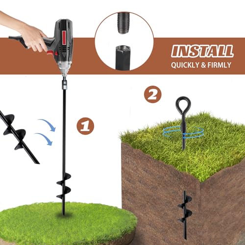 MIXXIDEA18 Inch Ground Anchors Screw in Folding Ring Spiral Metal Ground Stakes Dog Tie Out Stake Spiraling Anchor Trampoline Anchors for Tent (black-4pk)