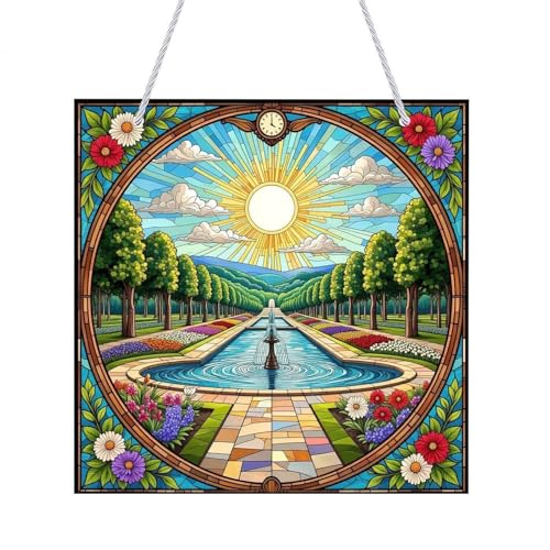 Sunlit Formal Garden Stained Acrylic Window Hanging Panels,Indoor Outdoor Windows Hanger Kitchen Bedroom Office Garden Wall Art Decor Gifts for Women Mom Grandma Teacher