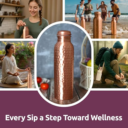 Image of 100% Pure Copper Water Bottle for Drinking - Hammered 34 OZ