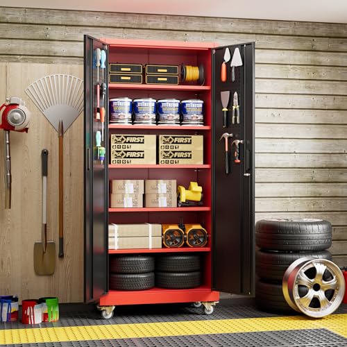 Image of Aobabo Upgrade 71H''*32''W*16''D Metal Garage Storage Cabinet with Wheels and Pegboards, 5 Adjustable Shelves Steel Storage Cabinets for Home,Warehouse,Garage,Assembly Required,Black Red