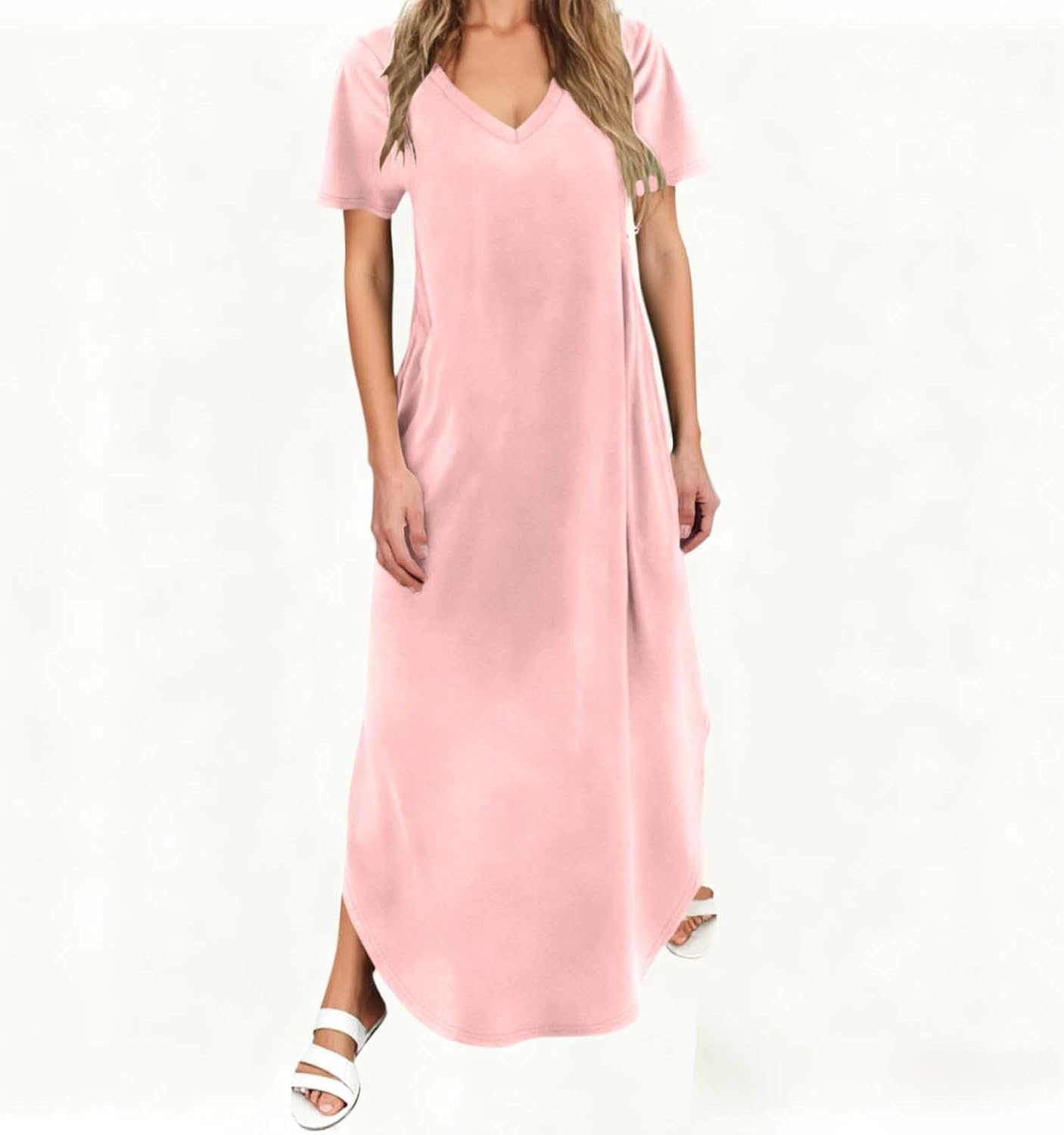 Women's Summer Short Sleeve Dresses Casual Loose Fit V Neck Flowy A Line Maxi Dress Vacation Beach Sundresses