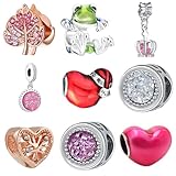 confezione da 9 ciondoli distanziatori in argento per braccialetti pandora, farfalla rosa, zirconia cubica, smaltati, cuore rosa, corona, happy birthday
