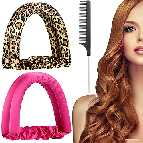 3 Pieces Heatless Curl Ribbon Curling Rod Headband Soft No Heat Curls Silk Ribbon Hair Rollers Heatless Spiral Hair Curlers Hair Styling Tools with Black Rat Tail Combs for Women Girls (Leopard, Pink)