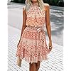 BTFBM Women 2023 Summer Halter Neck Dresses Sleeveless Casual Floral Polka Dot Print Short Boho Ruffle Sundress(Color Block Orange,Small)