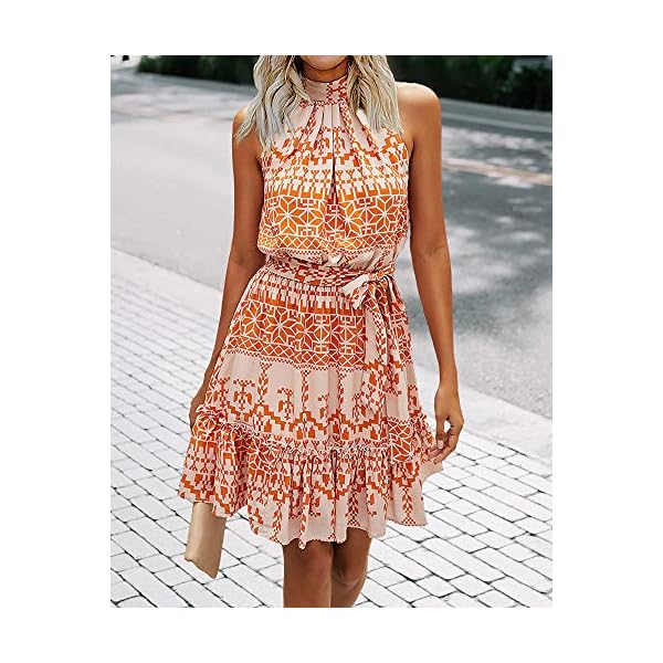 BTFBM Women 2023 Summer Halter Neck Dresses Sleeveless Casual Floral Polka Dot Print Short Boho Ruffle Sundress(Color Block Orange,Small)