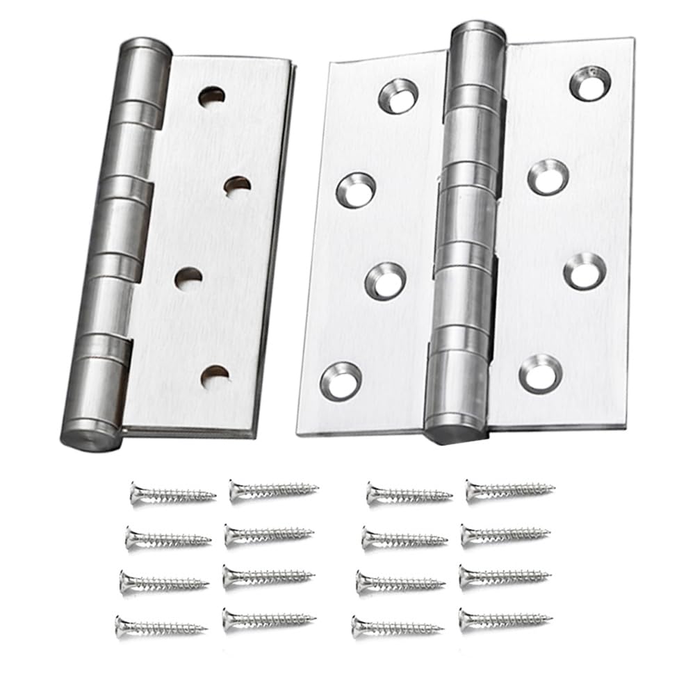 Pair of Door Hinges, 4 inch/100mm Thickened Stainless Steel Ball Bearing Butt Door Hinge with 16Pcs Screws for Internal & External Door Window