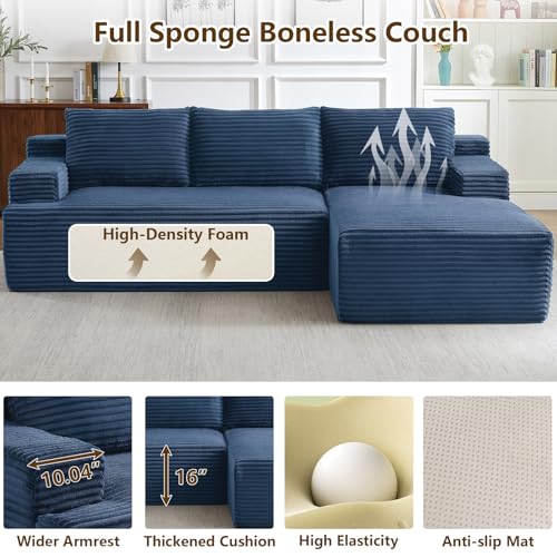 Image of 96.1 inch Modular Sectional Sofa Couches L-Shape Couch 3 Seat Modular Sofa Corduroy Memory Foam Sectional Boneless Couches for Living Room, Cloud Couch with Oversized Chaise(Blue, Right Facing)