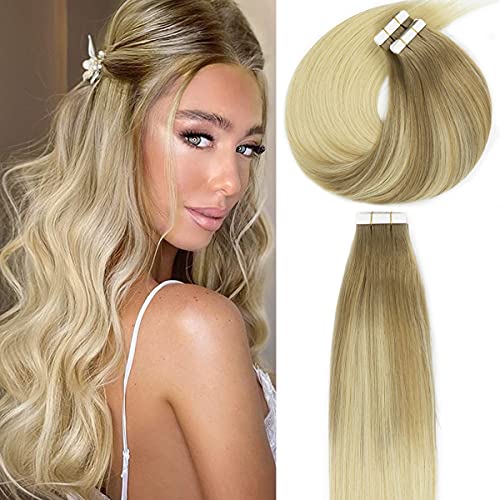 Lacerhair Remy Tape in Human Hair Extensions Balayage #8/60 Light Brown to Platinum Blond Seamless PU Skin Weft 100% Real Virgin Invisible Natural Hair Double Side Tape 50g 20pcs/set 20 inch