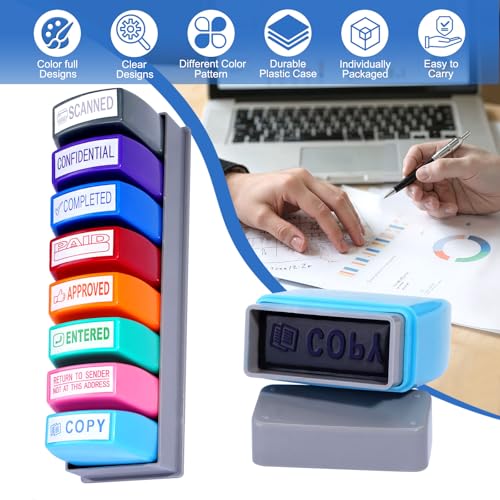 Xhoiqua 8 Pcs Office Stamps Set, Paid Copy Scanned Entered Confidential Approved Completed Return to Sender Stamp, Multicolor Rubber Business Stamps with Storage Case