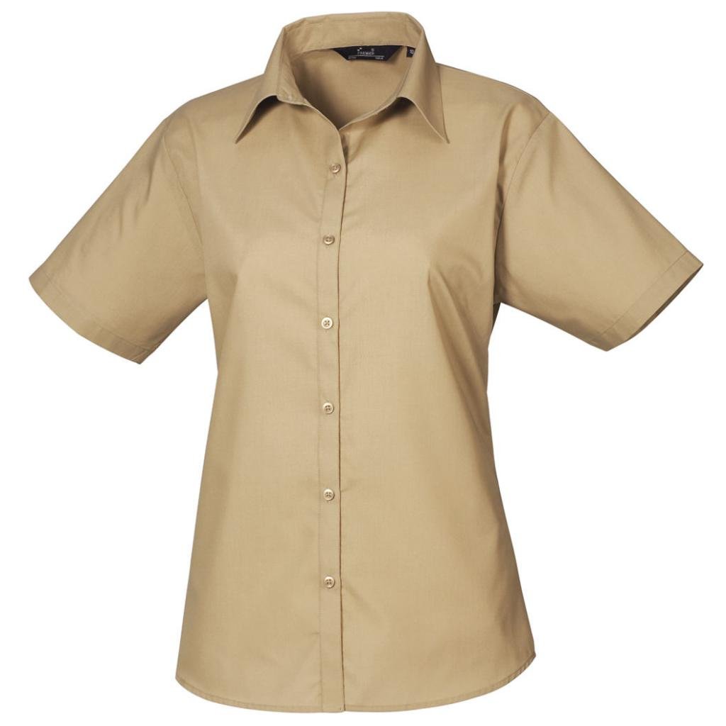 Premier Women's poplin Short Sleeve Blouse, Ladies Plain Work Shirt-Khaki-Size 20