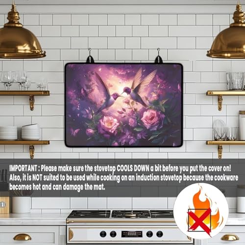 Image of Hummingbird Rose Stove Top Covers for Electric Stove, Heat Resistant Silicone Insulation Mat for Glass Top Burner, Anti-Slip Dish Drying Mats for Kitchen, Thick Induction Cooktop Protector
