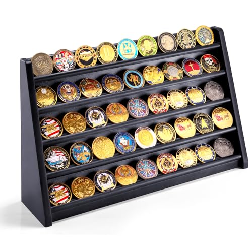 ULTRGEE 5 Row Challenge Coin Display Stand, Wood Military Army Coins Rack for Wall or Desk Display, Coin Storage Holder Case for Coin Collection, Black