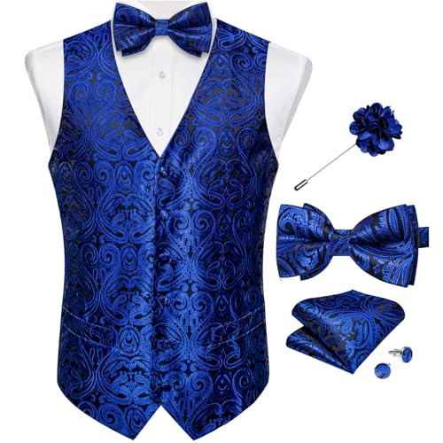 Image of DiBanGu Mens Paisley Suit Waistcoat,Silk Dress Vest and Bowtie Pocket Square Cufflinks with Lapel Pin Set for Wedding Tuxedo