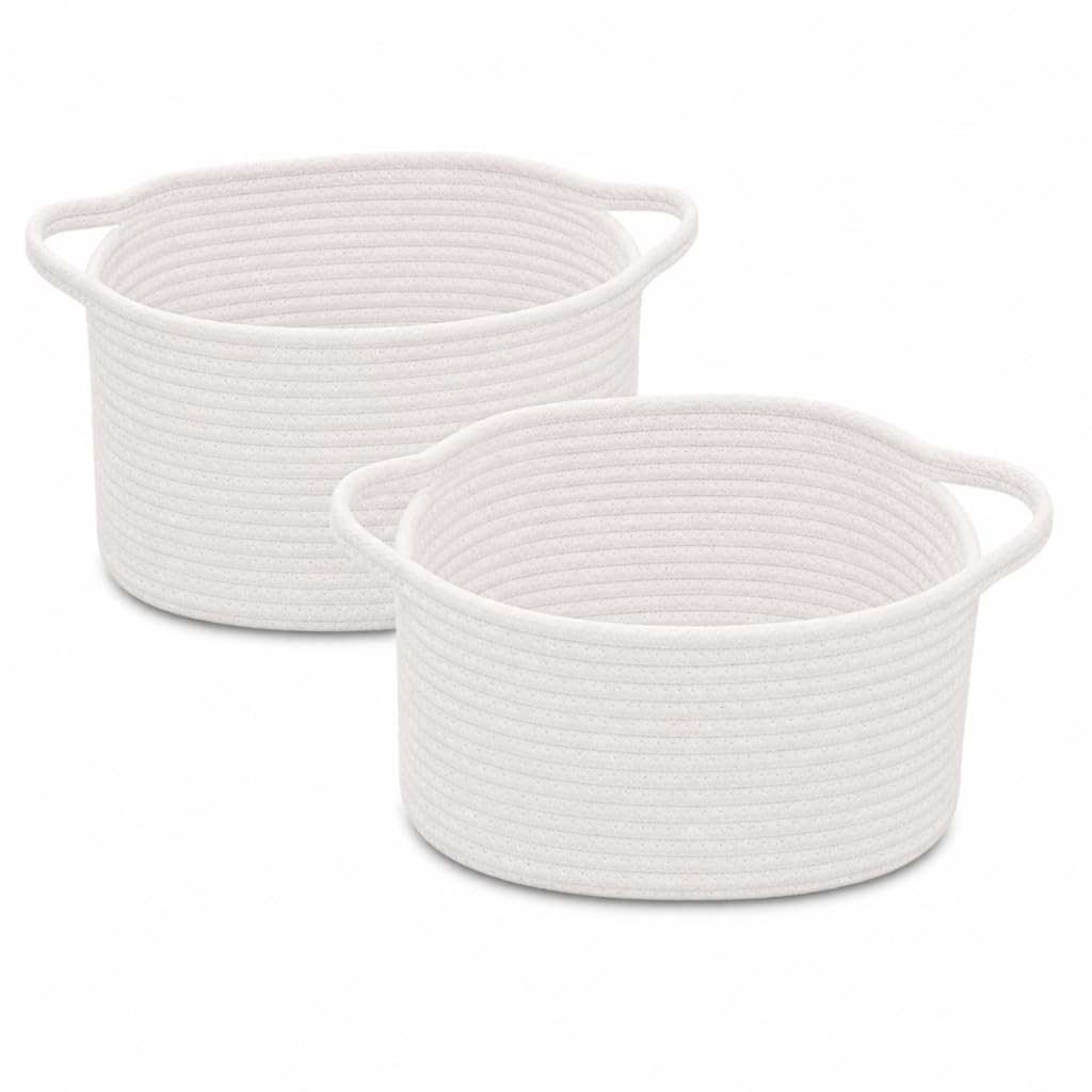Woodluv Woven Storage Basket of 2, Cotton Rope Basket for Shelves, Baskets Storage for Toys, Books, Shoes, Home Bathroom Décor, 33x23x20cm, White