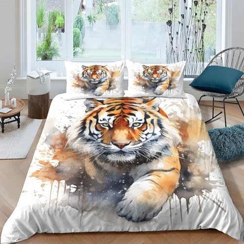 OPSREY Tiger 3D PrintedArt Animals Quilt Cover Bedding Set Duvet Cover Comforter Covers 3 Pieces with Pillowcases for Childrens and Adults Microfiber with Zipper Closure Twin(173x218cm)