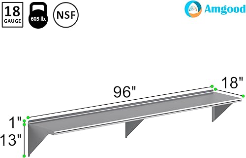 Miniatura 3 de AmGood Estante de pared de acero inoxidable de 96 pulgadas de largo x 18 pulgadas de profundidad  Certificado NSF  Estantería de metal para