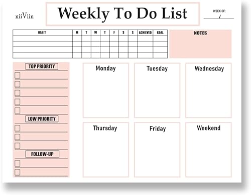 NiiViin Bloc de notas semanal sin fecha, calendario semanal, seguimiento de hábitos, agenda de TDAH para adultos, bloc de lista de tareas
