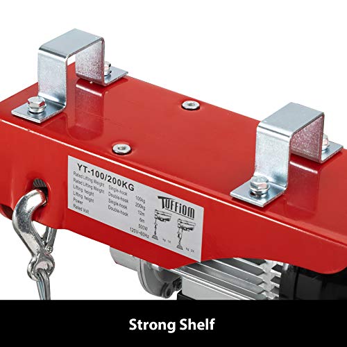 TUFFIOM 440 LBS Lift Electric Hoist Crane, 120V Electric Winches Wire Remote Control, Carbon Steel Overhead Ceiling Mount Garage Pulley, Single/Double Slings