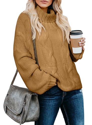 Image of Dokotoo Womens 2026 Winter Fall Solid Turtleneck High Neck Balloon Long Sleeve Sweaters Pullover Outerwear