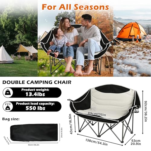 koldan Double Camping Chair, 550lbs Capacity 2-Person Camping Chair with Cup Holder Wine, Foldable Oversized Camping Loveseat for Couples, Family, Beach, Backyard for Outside Picnic