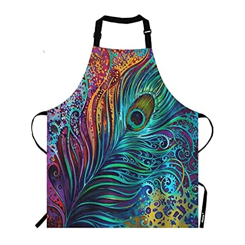 Moslion Peacock Feather Apron,Abstract Peacock Feather Design Blue Purple Green Apron,Adjustable Neck Bib Apron for Men Women,Suitable for Kitchen Cooking Waitress Chef Apron Cover