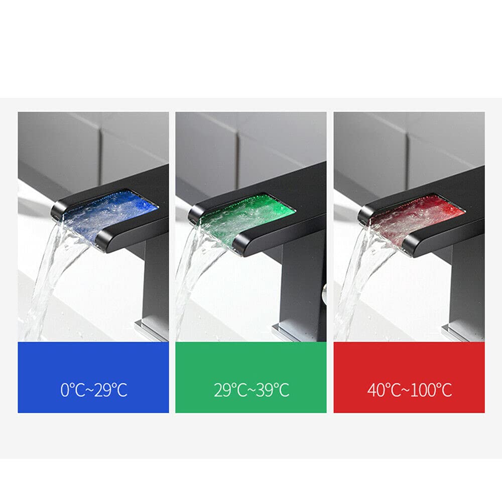 Kran LED, czarny, wodospad, armatura umywalkowa z oświetleniem RGB, 3, zmieniające kolor, oświetlenie łazienki, armatura szklana, wodospad, wylewka, armatura umywalkowa do łazienki
