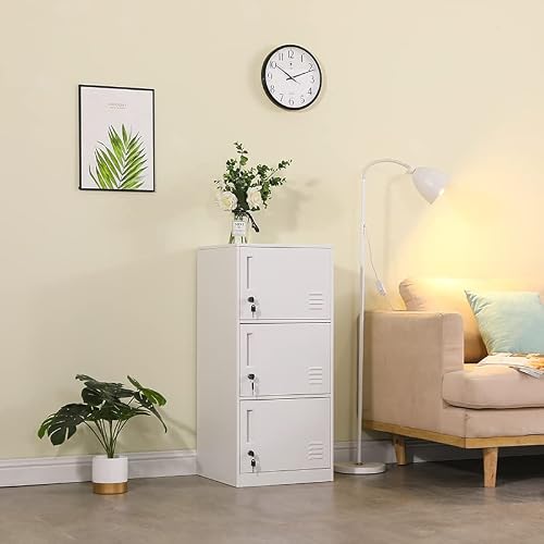 3 Door Metal Vertical Storage Locker for Kids Bedroom, Children Room, School, Office, Home ,Stackable Steel Storage Cabinet for Toys, Clothes & Sports Equipment,Anti-falling Device. (3D, white)