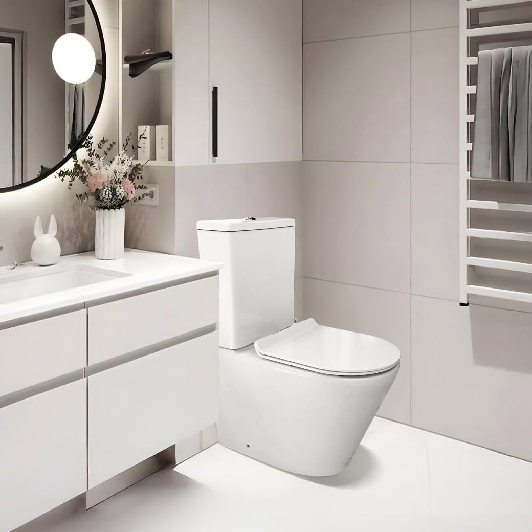 Inodoro Completo - WC Inodoro Completo con Sistema Rimless Antibacterias - Vater Baño con Tapa UF Termodurente Amortiguada - Inodoro Salida Dual Eficiente con Ahorro de Agua (Venecia)
