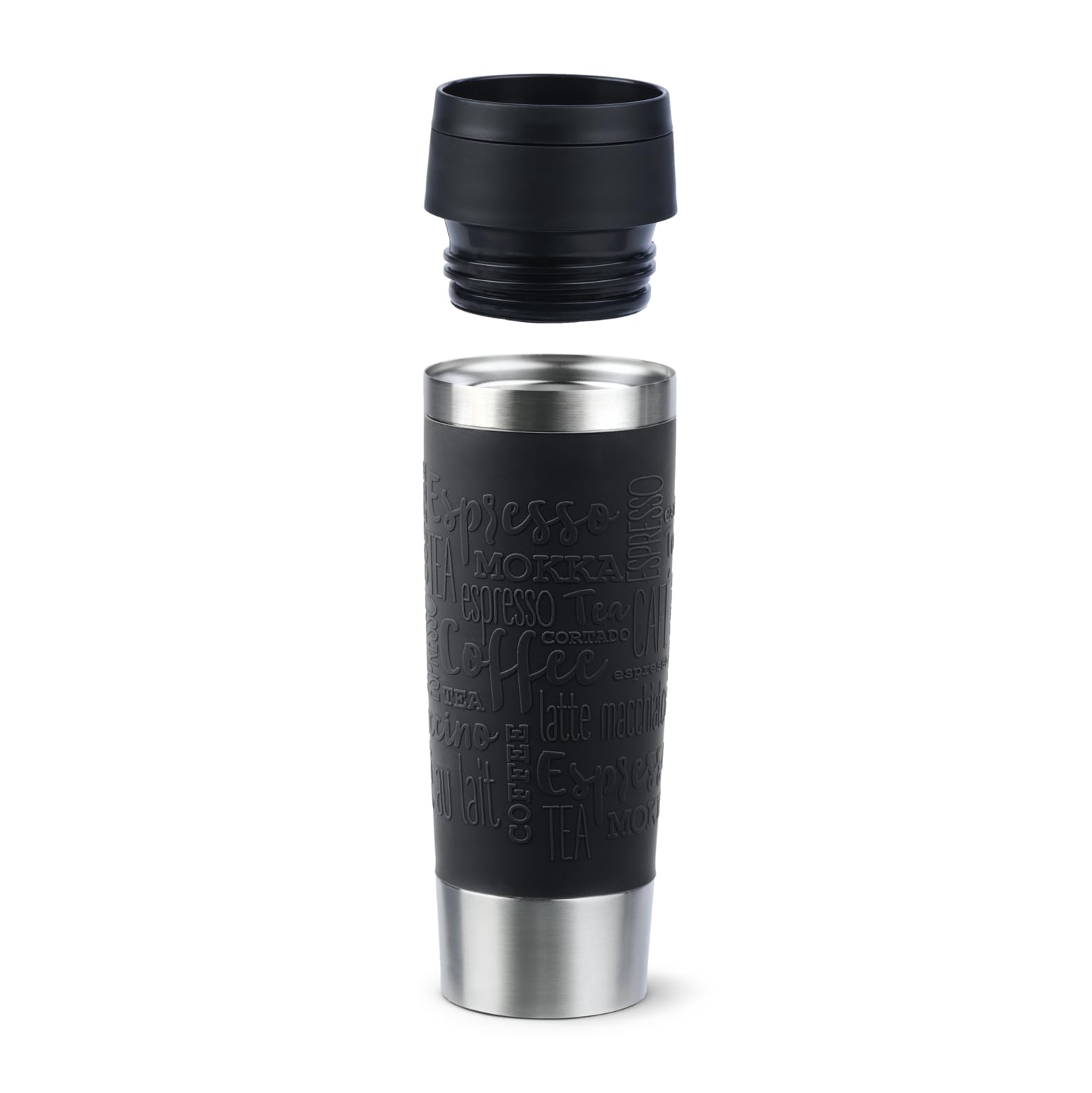 Emsa Taza de viaje con grabado, 500 ml, taza térmica personalizada con nombre o logotipo, taza térmica para café y té para llevar, acero inoxidable, cierre Quick Press, 100% a prueba de fugas (negro)