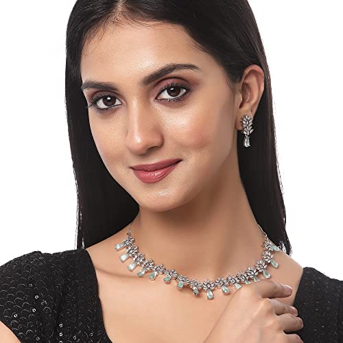 Image of ZENEME Rhodium-Plated American Diamond Necklace Set with Earrings for Girls Silver Toned Floral AD Jewellery Set For Womens