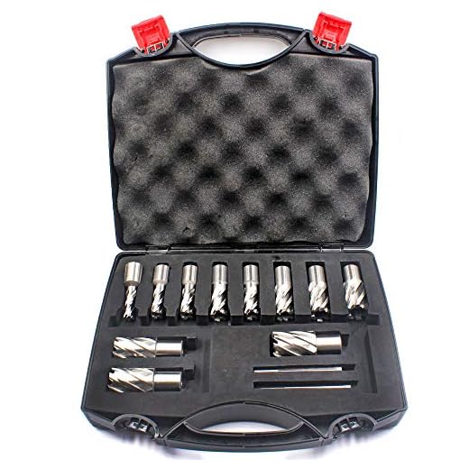 Annular Cutter Set 13 pcs JESTUOUS 3/4 Inch Weldon Shank 1 Cutting Depth and Cutting Diameter from 7/16 to 1-1/16 for Drill Press HSS Standard Kit Two Flat with 2 Pilot Pins