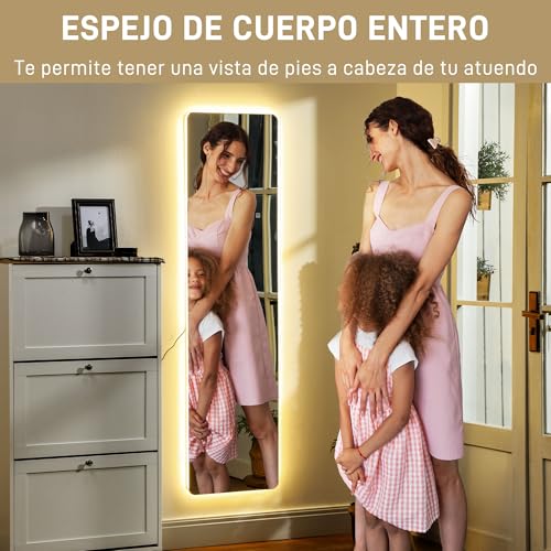 Miniatura 3 de Homcom Espejo De Cuerpo Entero Con Luz Led 150x40 Cm Espejo De Pie O De Pared Sin Marco Con Iluminación De 3 Colores Función De Memoria Y Táctil Inteligente Para Salón Dormitorio Transparente
