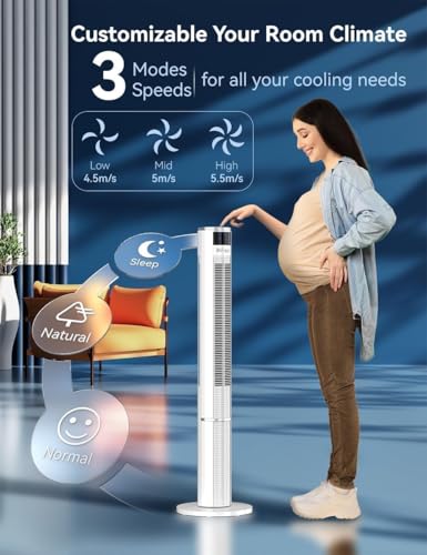 Image of HIFRESH 110CM Tower Fan for Room, Remote & Touch, 3 Speeds &3 Modes, 7H Timer, 25dB Silent Operation, High Speed Bladeless Fan for Home, 65 Oscillation Cover Room up to 25㎡, 50W Low Power Consumption