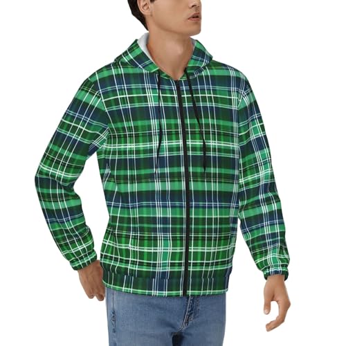 Sweat à capuche zippé homme motif tartan écossais bleu vert à manches longues