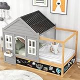MERITLINE Twin House Bed for Kids, Size Canopy with Roof, Window, Blackboard and Little Shelf, Wood Daybed, Platform Bed, Playhouse Boys & Girls, No Box Spring Needed (Twin, Gray)