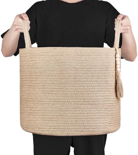 Mkono Woven Storage Basket Decorative Natural Rope Basket Wooden Bead Decoration for Blankets,Toys,Clothes,Shoes,Plant Organizer Bin with Handles Living Room Home Decor, Jute, 16" W Γ 13.8" L - 5