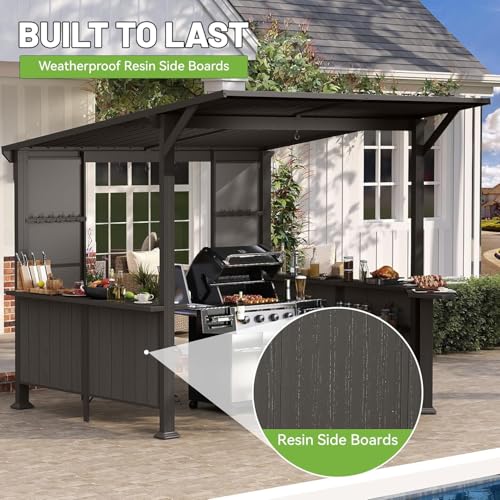 Image of 9x10FT Hardtop Grill Gazebo, Lean to Outdoor BBQ Shelter with Galvanized Steel Slanted Roof, Permanent Metal Grilling Station with Storage Shelves & Bar Platform for Patio (Brown, 9X10FT)