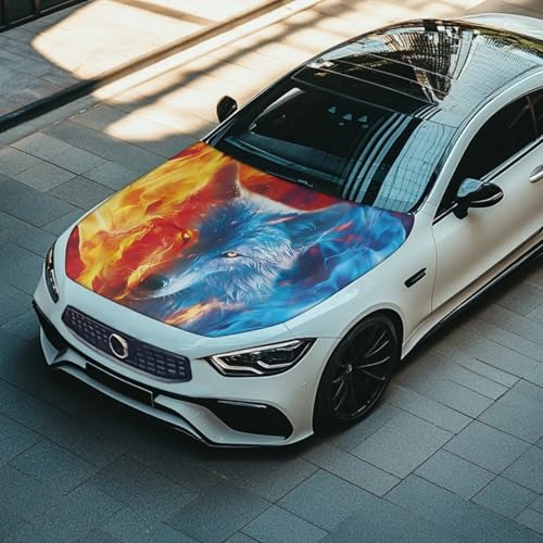 Image of Fire Blue Wolf Hood Cover for Truck Stretchable Engine Cover Can be Washed Hood Wraps Universal for Cars
