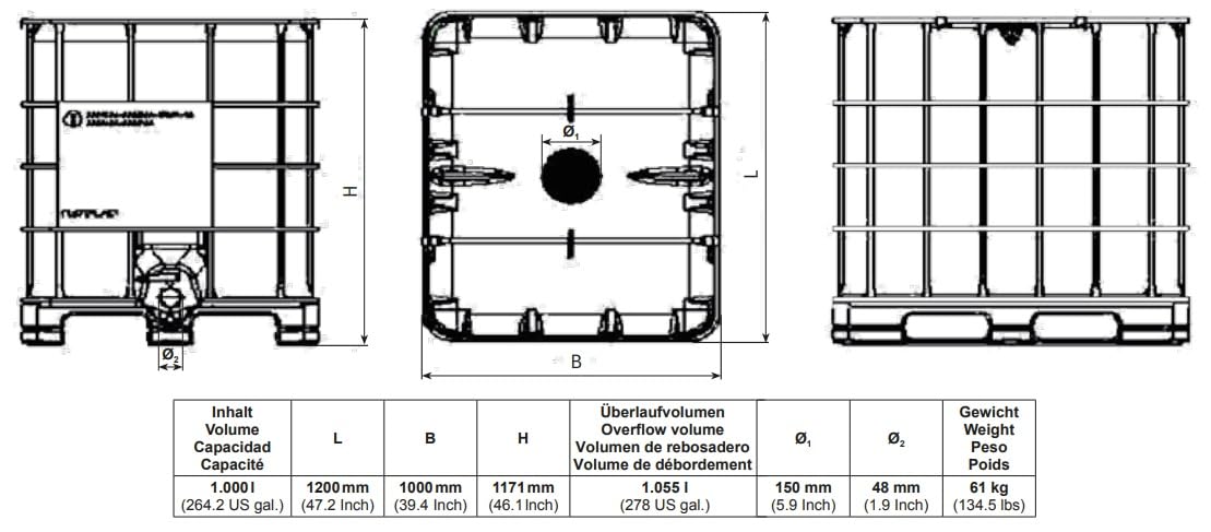 Depósito de agua 1000 litros IBC con palet. Contenedor para transporte de liquidos, 120x100x117 cm, blanco