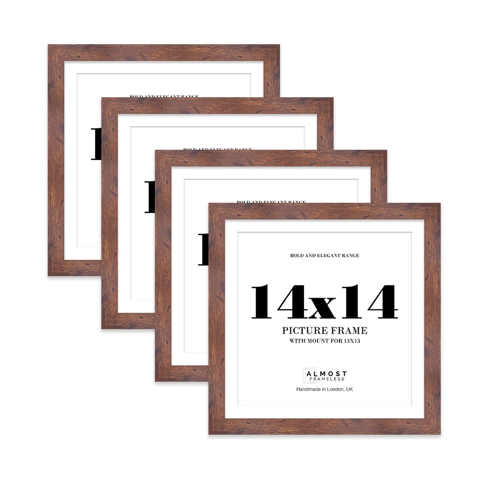 14x14" Rustic Wood Square Frame With Mount for 13x13" Pictures 28mm Edge Frame Display with Wall Hooks, 4 Pack