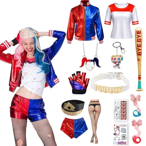 JrnSvp Harley Kostüm Damen, Halloween Kostüm Damen, 13 Stück Cosplay Set für Halloween und Karneval, Inklusive Perücke, Jacke und Zubehör, für...