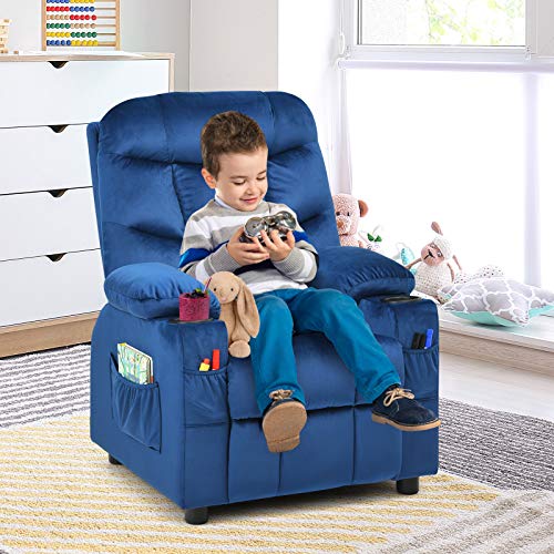 Image of Kids Recliner, Velvet Fabric Kids Recliner Chair w / 2 Cup Holders