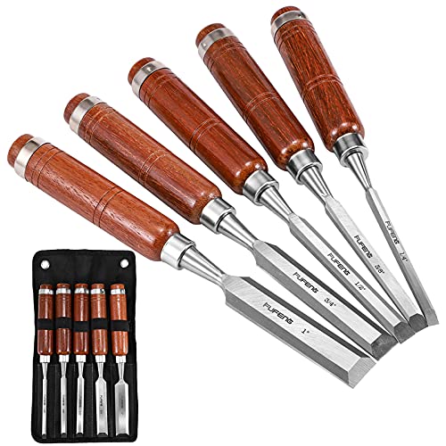 FUFENG 5 PCS Professional Wood Chisel Set for woodworking, Sturdy Chrome Vanadium Steel Chisels Beech Handles,1/4 Inch, 1/2 Inch, 3/8 Inch, 3/4 Inch,1 Inch