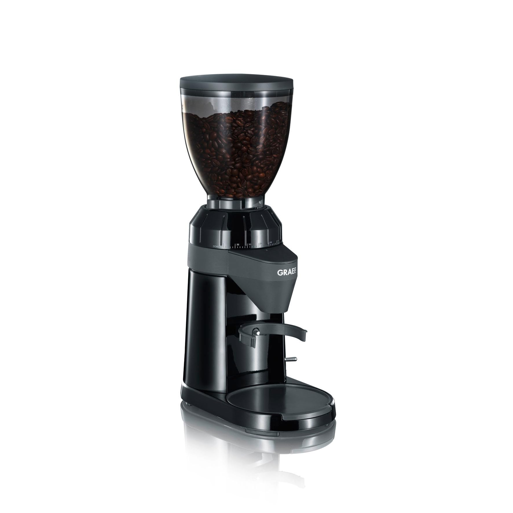 GRAEF CM802 - Macinacaffè elettrico, alloggiamento in alluminio, contenitore per chicchi 350 g, macina a cono in acciaio inox, 40 gradi di macinatura, portafiltro, nero