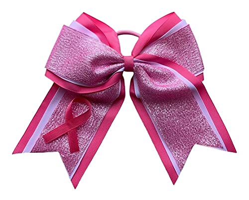 NEW BREAST CANCER SHIMMER Ribbon Cheer Bow Pony Tail 7 Inch Girls Hair Bows Cheerleading Dance Practice Football Games Uniform Competition Birthday Awareness Pink Out Game Grosgrain Ribbon