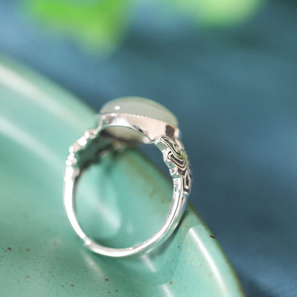 Ringe Silber, Verstellbarer Ring Für Frauen Vintage Blumenform Distressed 925 Sterling Silber Ring Natürlicher Runder Hetian Jade Edelstein Energie Charme Hochzeit Schmuck Geschenke Für Damen
